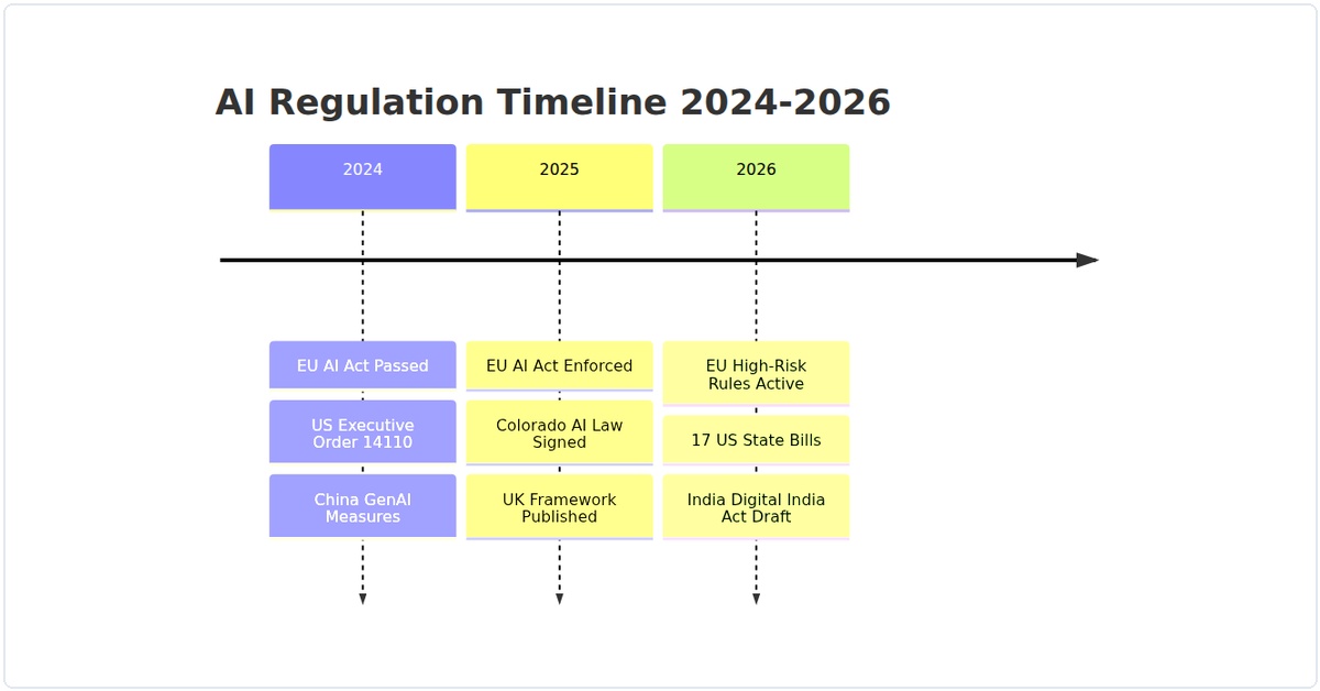 AI regulation timeline from 2024 to 2026 showing key legislative milestones across EU, US, China, UK, and India