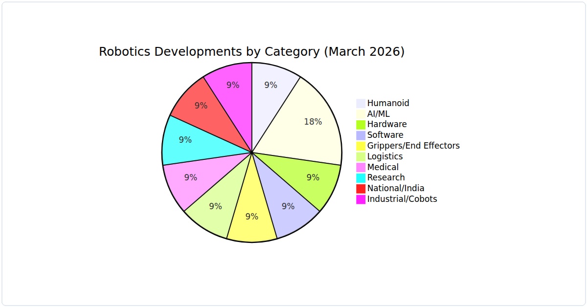 Pie chart showing distribution of top 10 robotics developments by category in March 2026